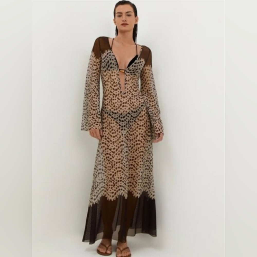 CAROLINE CONSTAS BROWN SHEER LONE MAXI BEECH COVER-UP SMALL $226